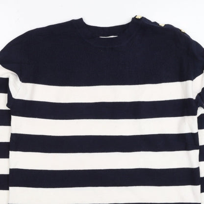 M&S Women Navy Ivory Stripe Crew Neck Button Shoulder Jumper Size S