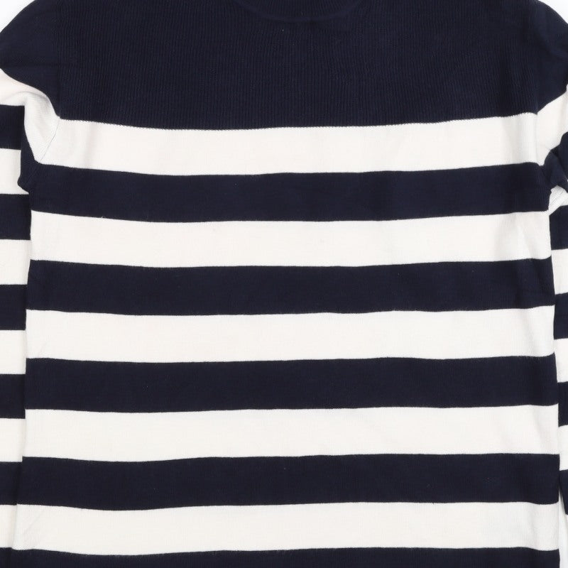 M&S Women Navy Ivory Stripe Crew Neck Button Shoulder Jumper Size S