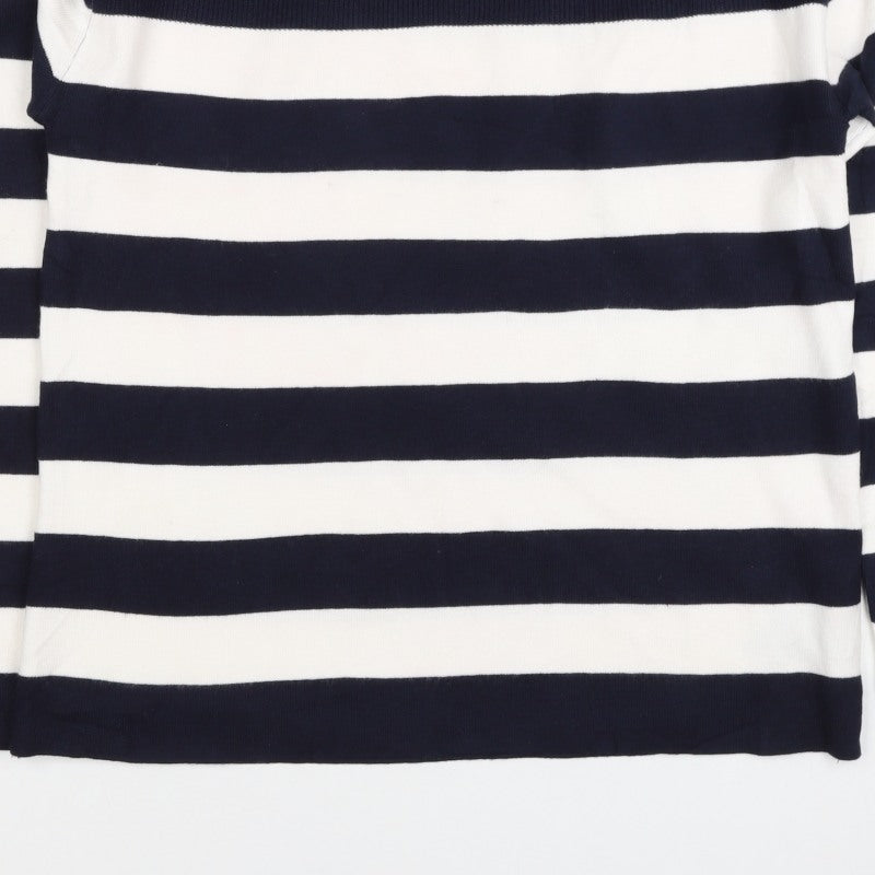 M&S Women Navy Ivory Stripe Crew Neck Button Shoulder Jumper Size S