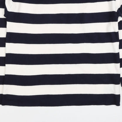 M&S Women Navy Ivory Stripe Crew Neck Button Shoulder Jumper Size S
