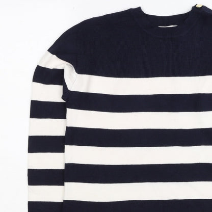 M&S Women Navy Ivory Stripe Crew Neck Button Shoulder Jumper Size S