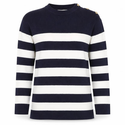 M&S Women Navy Ivory Stripe Crew Neck Button Shoulder Jumper Size S