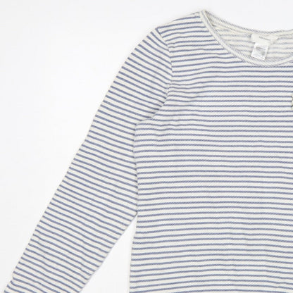 Soft Grey Women’s Blue White Stripe Beaded Bow Cotton Top UK 16