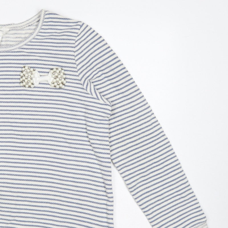 Soft Grey Women’s Blue White Stripe Beaded Bow Cotton Top UK 16