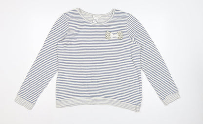 Soft Grey Women’s Blue White Stripe Beaded Bow Cotton Top UK 16