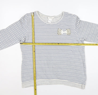 Soft Grey Women’s Blue White Stripe Beaded Bow Cotton Top UK 16