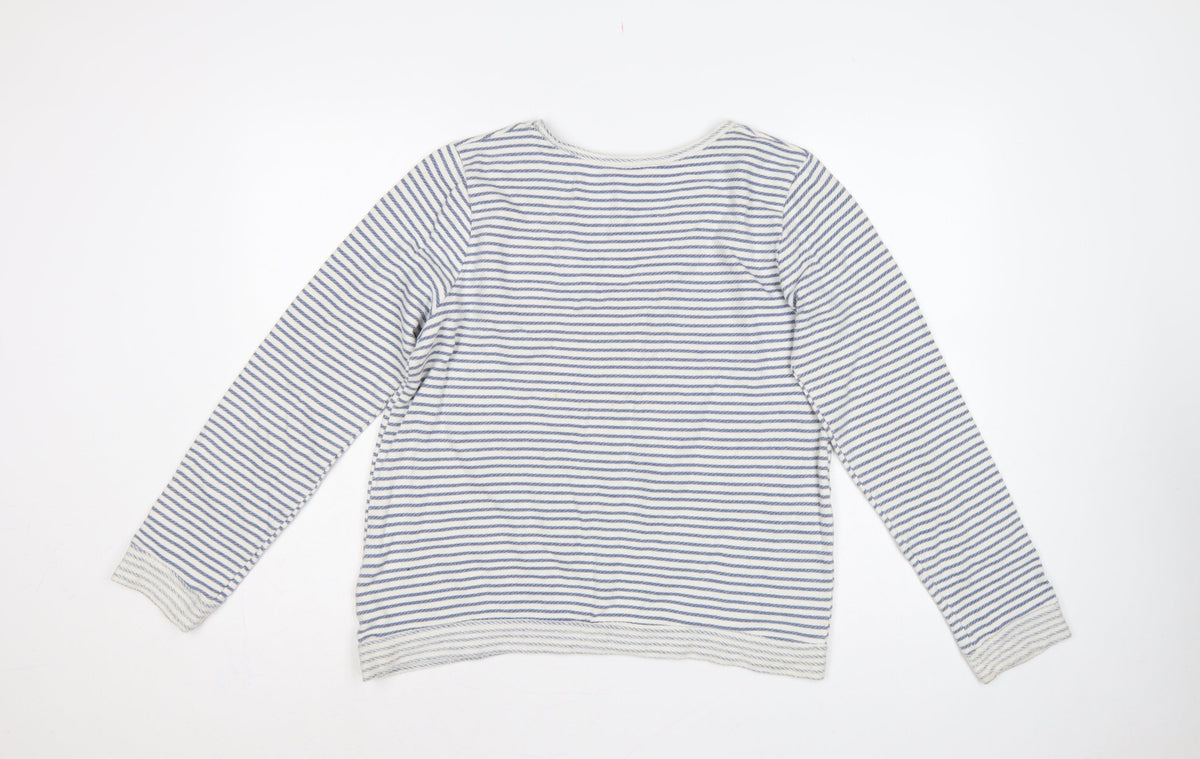 Soft Grey Women’s Blue White Stripe Beaded Bow Cotton Top UK 16