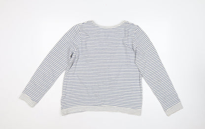 Soft Grey Women’s Blue White Stripe Beaded Bow Cotton Top UK 16