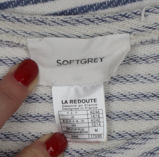 Soft Grey Women’s Blue White Stripe Beaded Bow Cotton Top UK 16