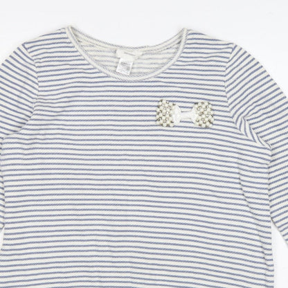 Soft Grey Women’s Blue White Stripe Beaded Bow Cotton Top UK 16