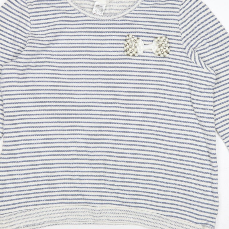 Soft Grey Women’s Blue White Stripe Beaded Bow Cotton Top UK 16