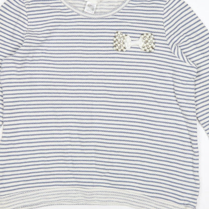 Soft Grey Women’s Blue White Stripe Beaded Bow Cotton Top UK 16
