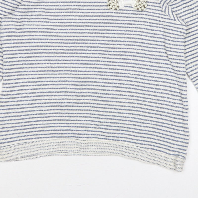 Soft Grey Women’s Blue White Stripe Beaded Bow Cotton Top UK 16
