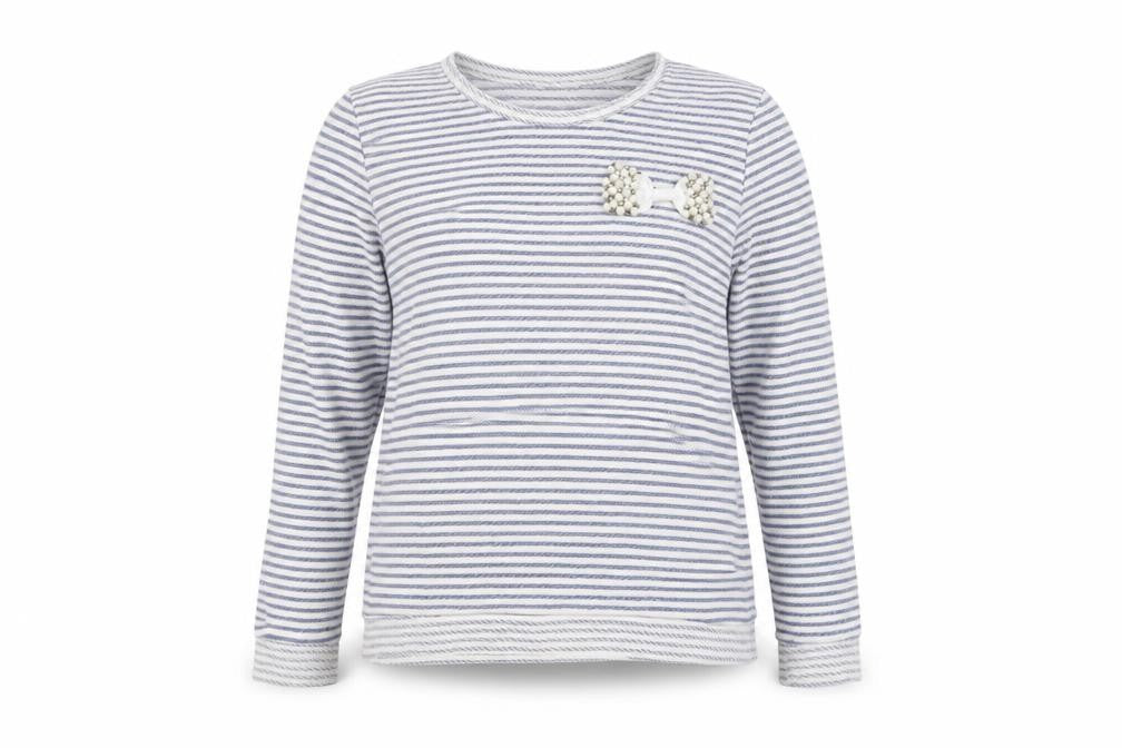 Soft Grey Women’s Blue White Stripe Beaded Bow Cotton Top UK 16