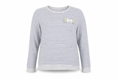 Soft Grey Women’s Blue White Stripe Beaded Bow Cotton Top UK 16
