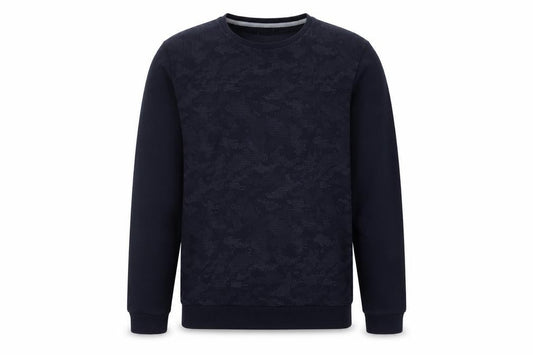 Front view of DeFacto Men’s Blue S Slim Fit Camo Crew Neck Pullover Sweatshirt