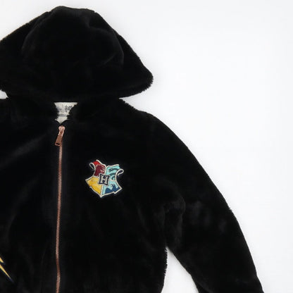 M&S Girls Black 7-8 Years Harry Potter Hooded Faux Fur Bomber Jacket