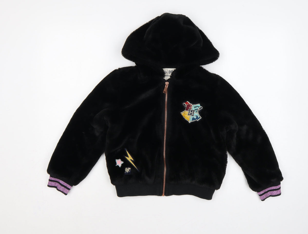 M&S Girls Black 7-8 Years Harry Potter Hooded Faux Fur Bomber Jacket