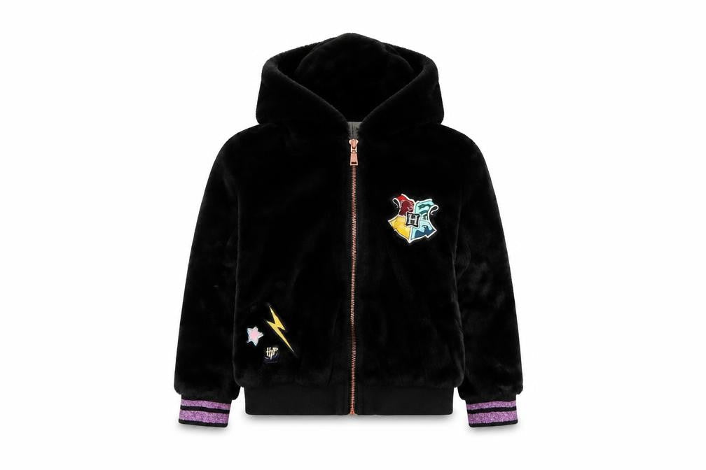 M&S Girls Black 7-8 Years Harry Potter Hooded Faux Fur Bomber Jacket