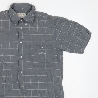 Armani Jeans Men Grey Check Extra-Slim S Short Sleeve Button-Up Shirt