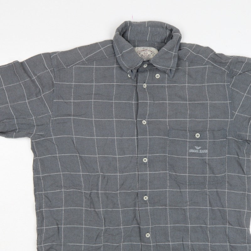 Armani Jeans Men Grey Check Extra-Slim S Short Sleeve Button-Up Shirt