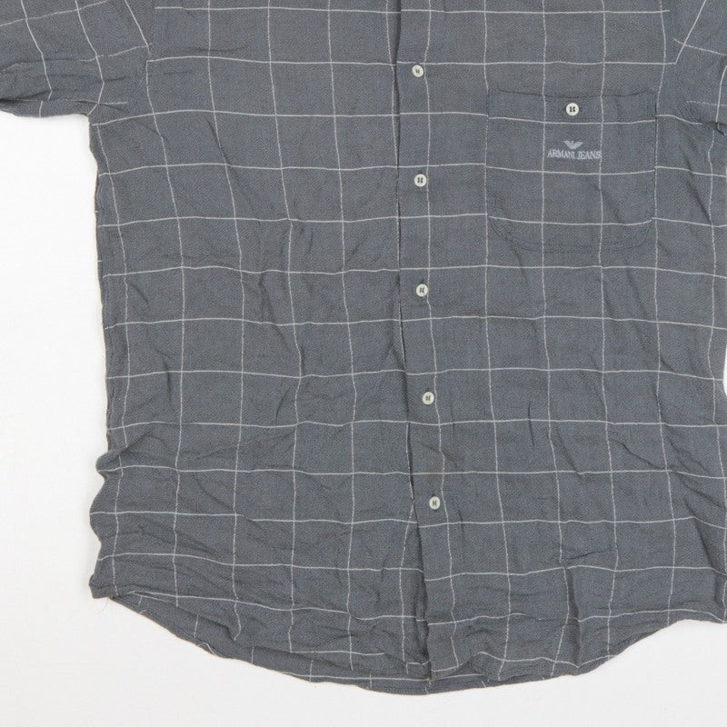 Armani Jeans Men Grey Check Extra-Slim S Short Sleeve Button-Up Shirt