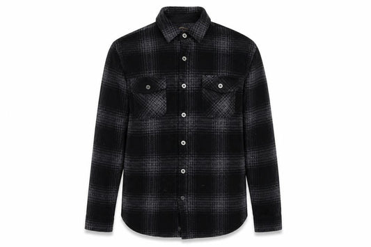 Front view of Freedom Foundry Men’s Black Grey Plaid Flannel Button-Up Shirt M