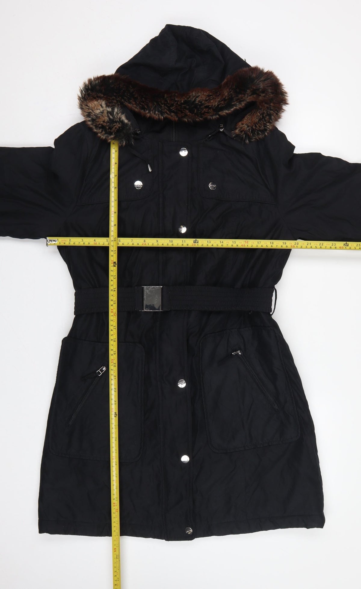 Per Una Women Black M Long Belted Faux Fur Hood Parka Coat