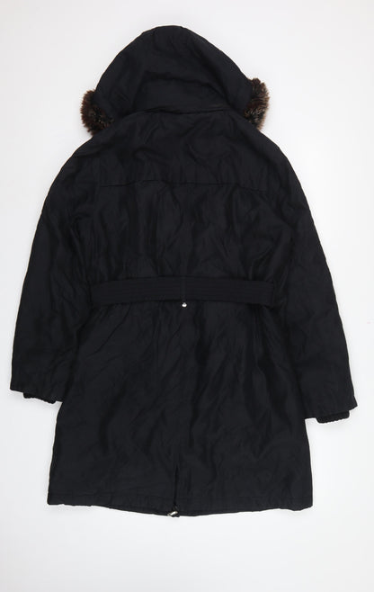 Per Una Women Black M Long Belted Faux Fur Hood Parka Coat