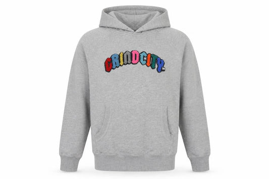 Front view of Grindcity Men’s Grey Medium Pullover Hoodie Embroidered Logo