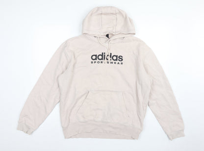 Adidas Men Beige M Pullover Hoodie Logo Graphic Fleece Sportswear