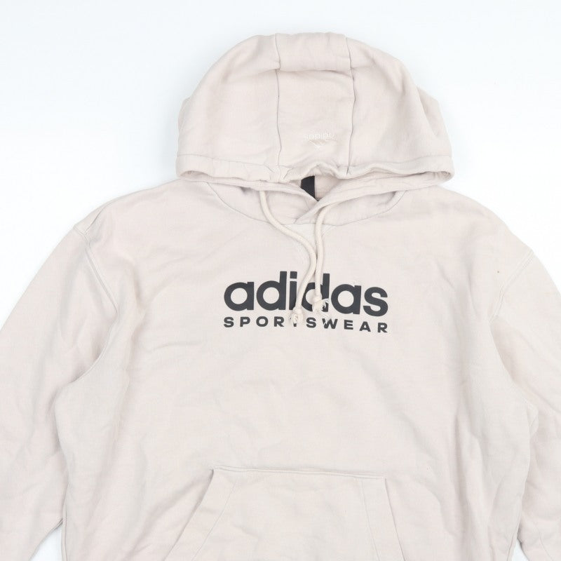 Adidas Men Beige M Pullover Hoodie Logo Graphic Fleece Sportswear