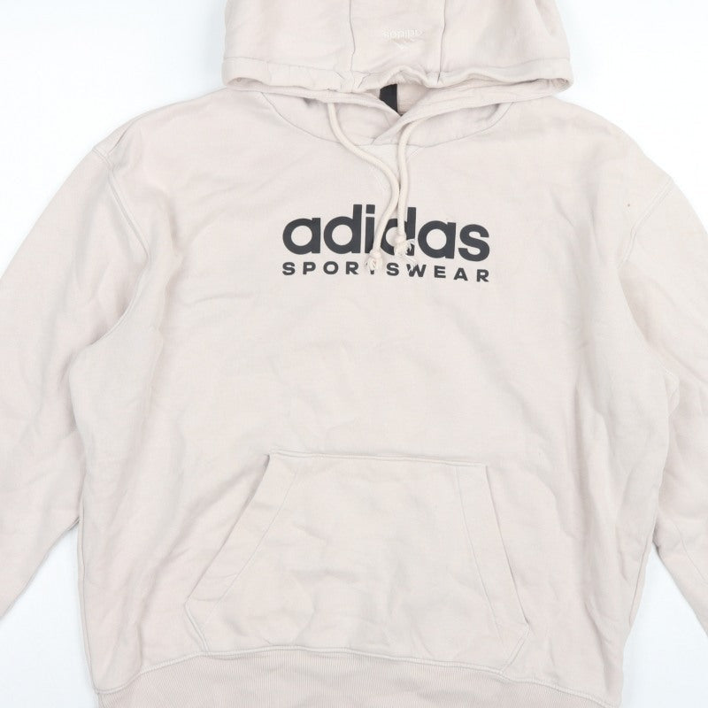Adidas Men Beige M Pullover Hoodie Logo Graphic Fleece Sportswear