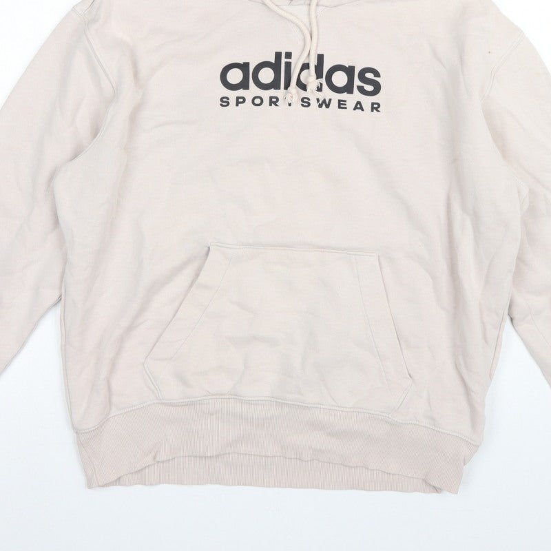 Adidas Men Beige M Pullover Hoodie Logo Graphic Fleece Sportswear