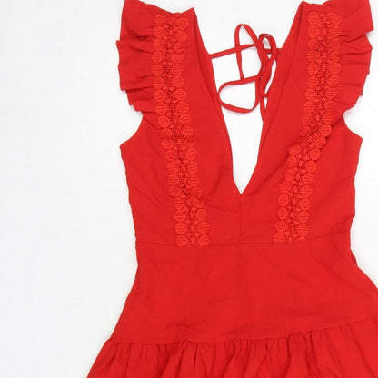 Double Crazy Women Red XS Fit & Flare Ruffle Tie Back Dress