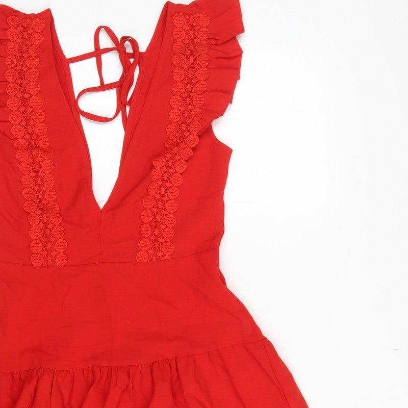 Double Crazy Women Red XS Fit & Flare Ruffle Tie Back Dress