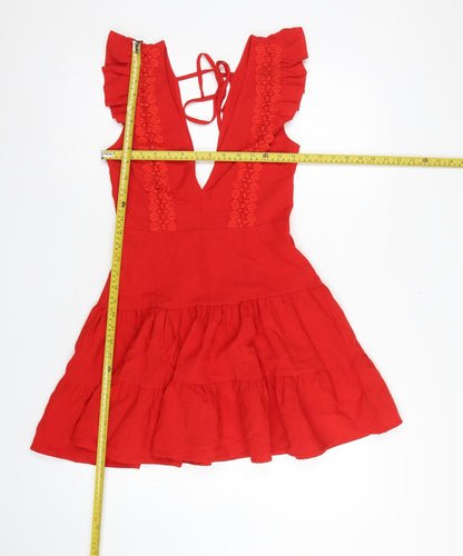 Double Crazy Women Red XS Fit & Flare Ruffle Tie Back Dress