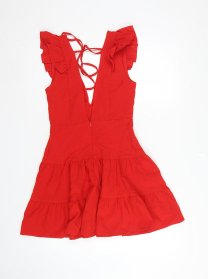 Double Crazy Women Red XS Fit & Flare Ruffle Tie Back Dress