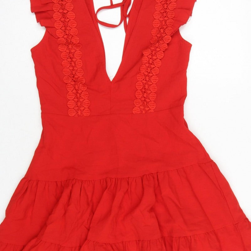 Double Crazy Women Red XS Fit & Flare Ruffle Tie Back Dress