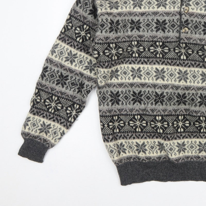Creem Men’s Grey L Shetland Wool Fair Isle Henley Jumper
