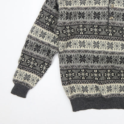 Creem Men’s Grey L Shetland Wool Fair Isle Henley Jumper