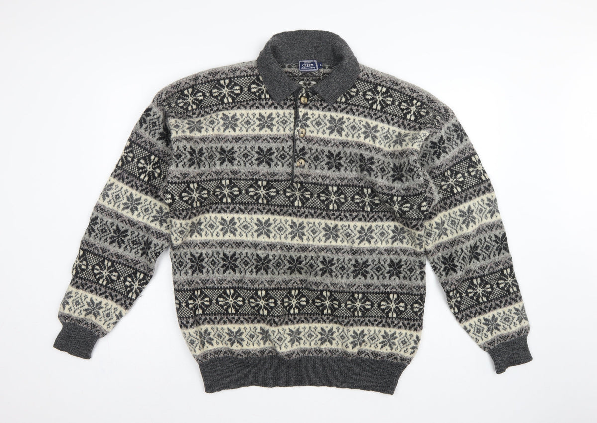 Creem Men’s Grey L Shetland Wool Fair Isle Henley Jumper