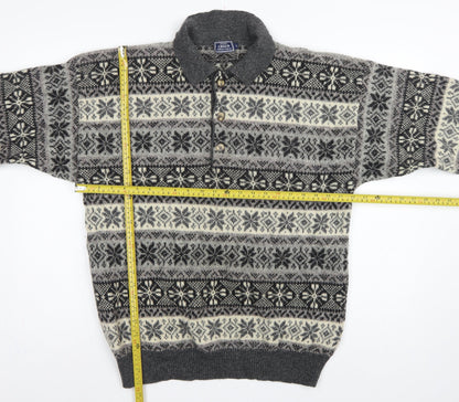 Creem Men’s Grey L Shetland Wool Fair Isle Henley Jumper