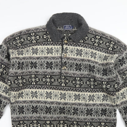 Creem Men’s Grey L Shetland Wool Fair Isle Henley Jumper