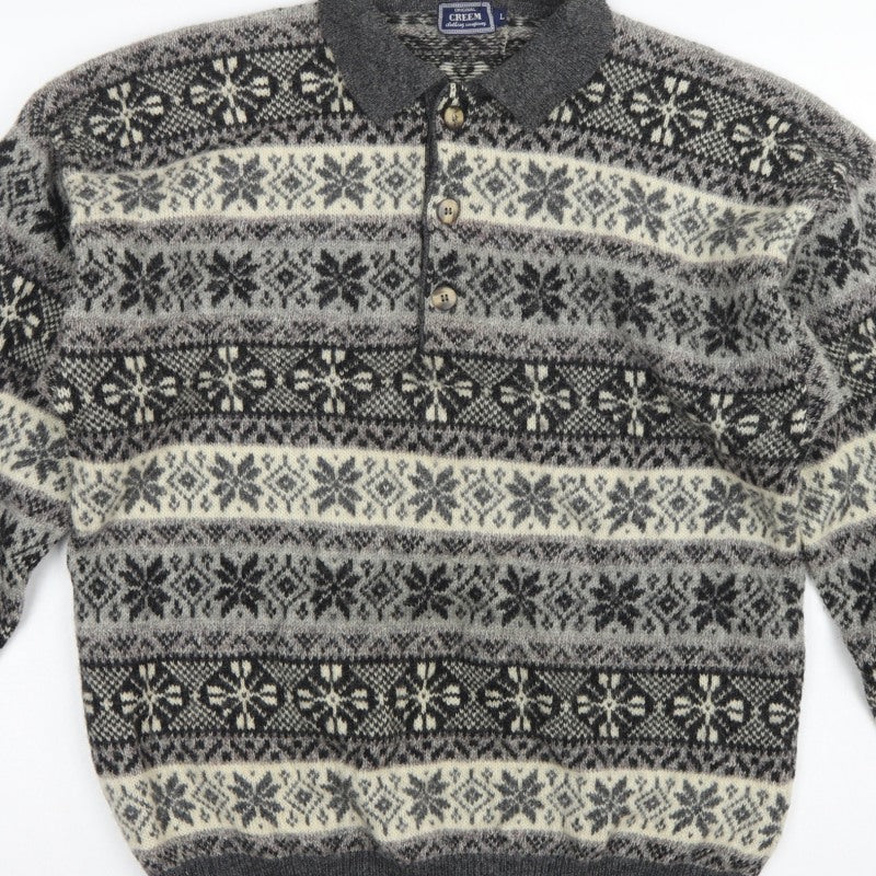 Creem Men’s Grey L Shetland Wool Fair Isle Henley Jumper