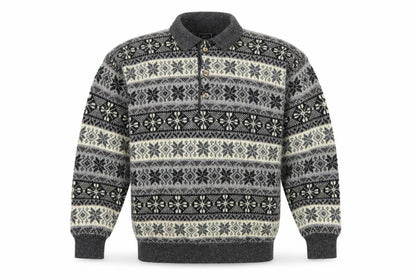 Creem Men’s Grey L Shetland Wool Fair Isle Henley Jumper