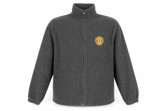 Front view of Manchester United Men’s Grey S Fleece Full Zip Football Jacket