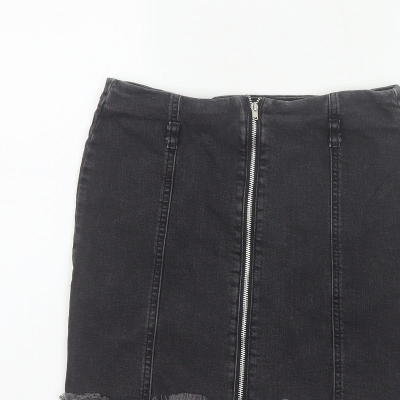 Zara Basic Women Black UK 12 Denim Pencil Mini Skirt Front Zip