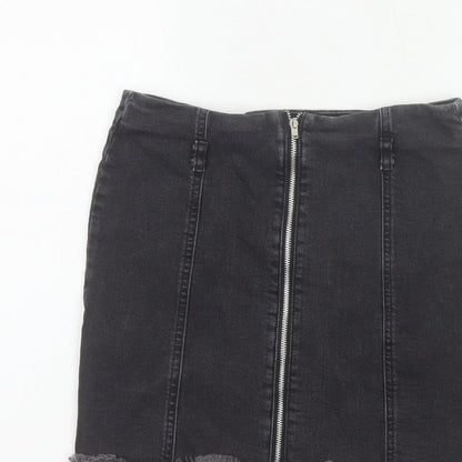 Zara Basic Women Black UK 12 Denim Pencil Mini Skirt Front Zip