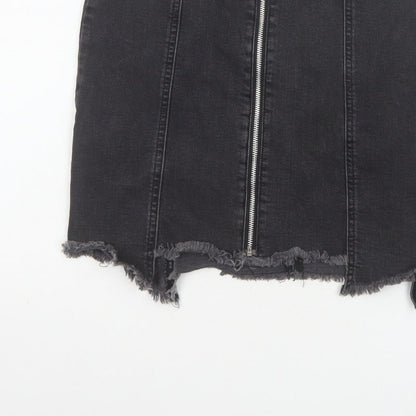 Zara Basic Women Black UK 12 Denim Pencil Mini Skirt Front Zip